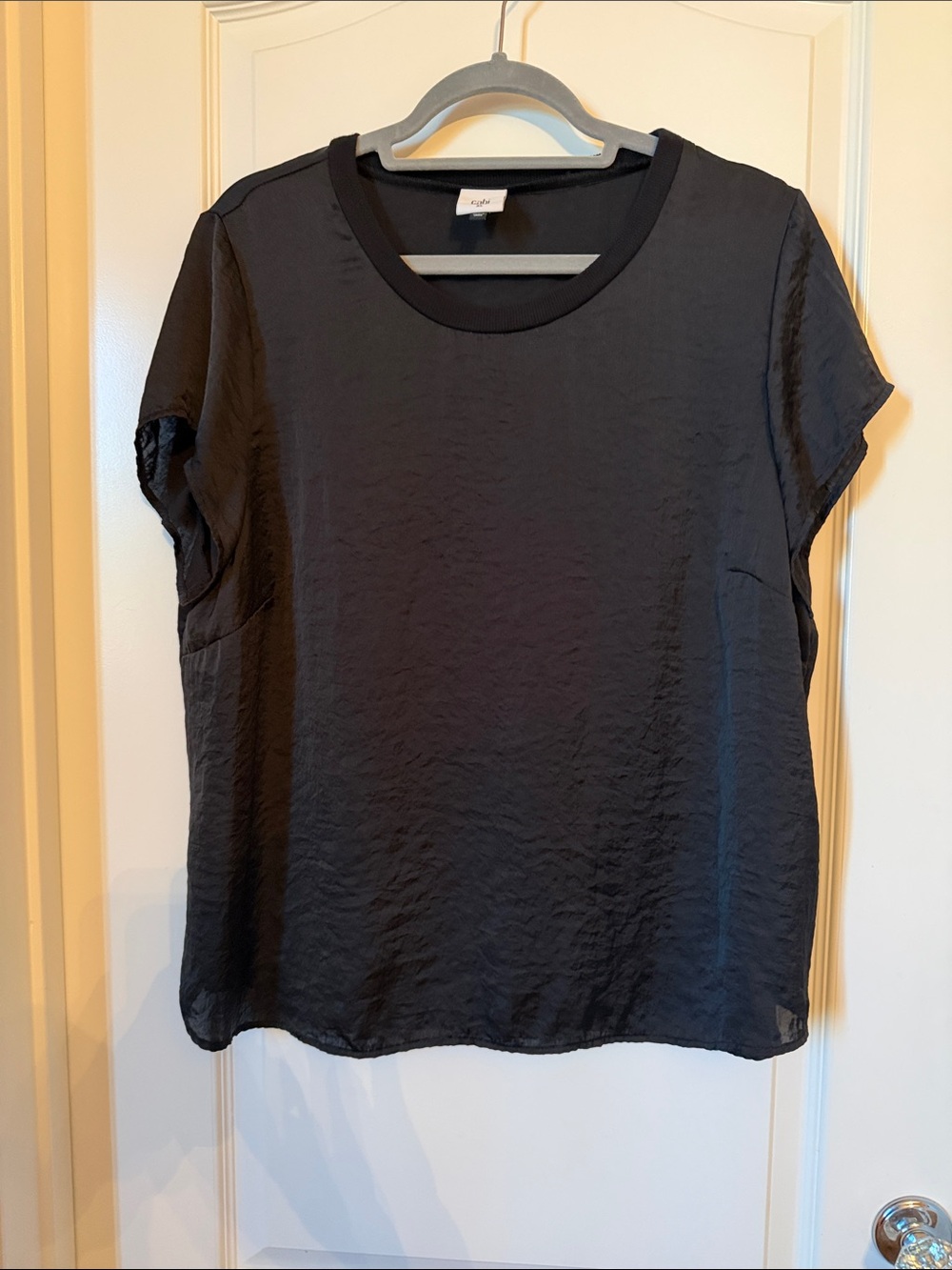 CAbi Black Short Sleeve Satin Tee
